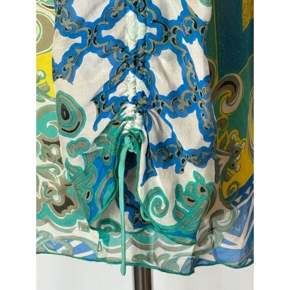 Hale Bob Shirt Women Small Green Blue Silk Beaded V Neck Ruched Sleeve Blouse - Picture 8 of 12